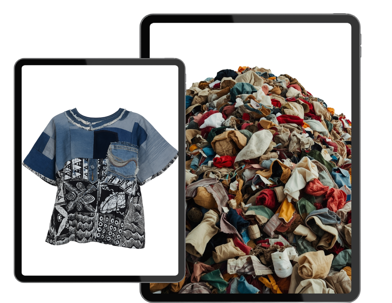 Two tablets side by side: a patchwork shirt made from reclaimed fabric next to a heap of discarded textiles