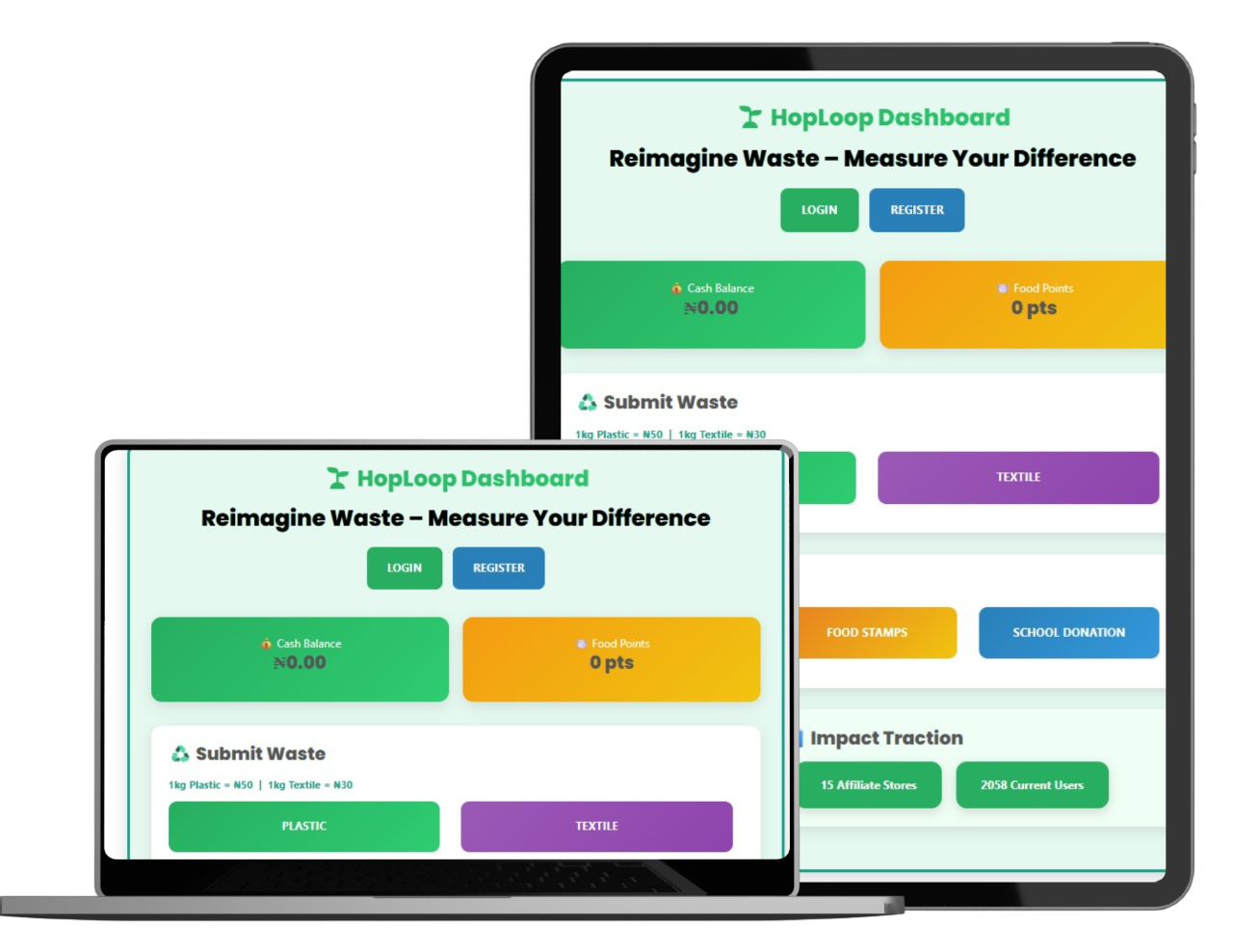 The HopLoop dashboard on a tablet and laptop, showing cash balance, food points and waste submission